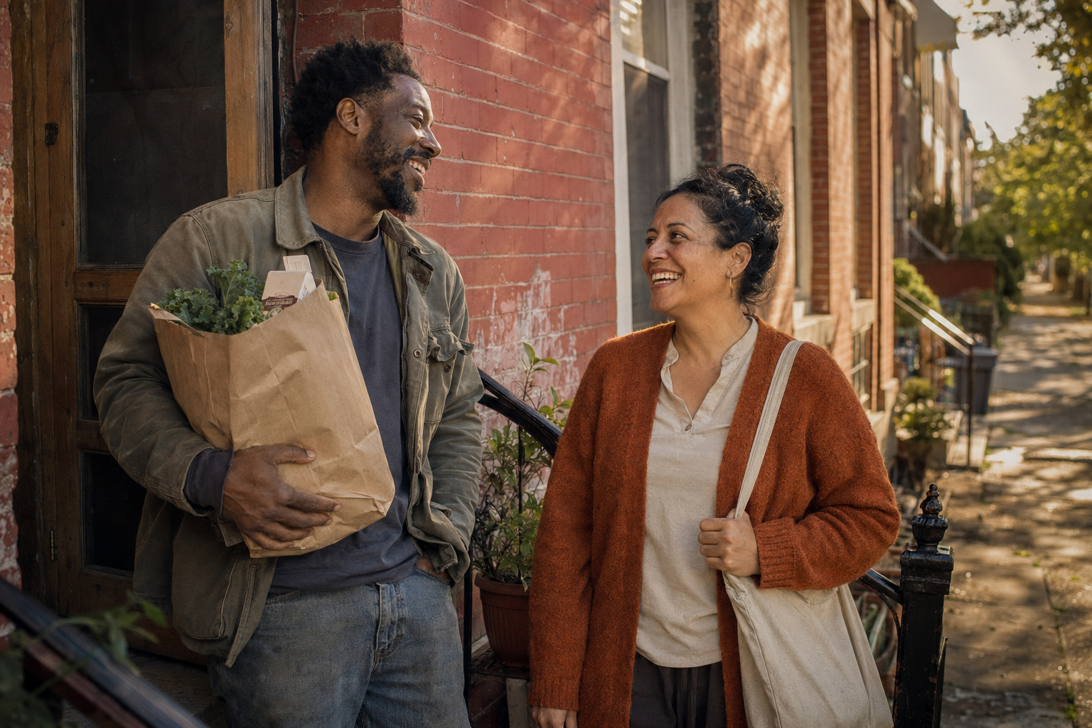 Two people in their neighborhood, in conversation in afternoon light.