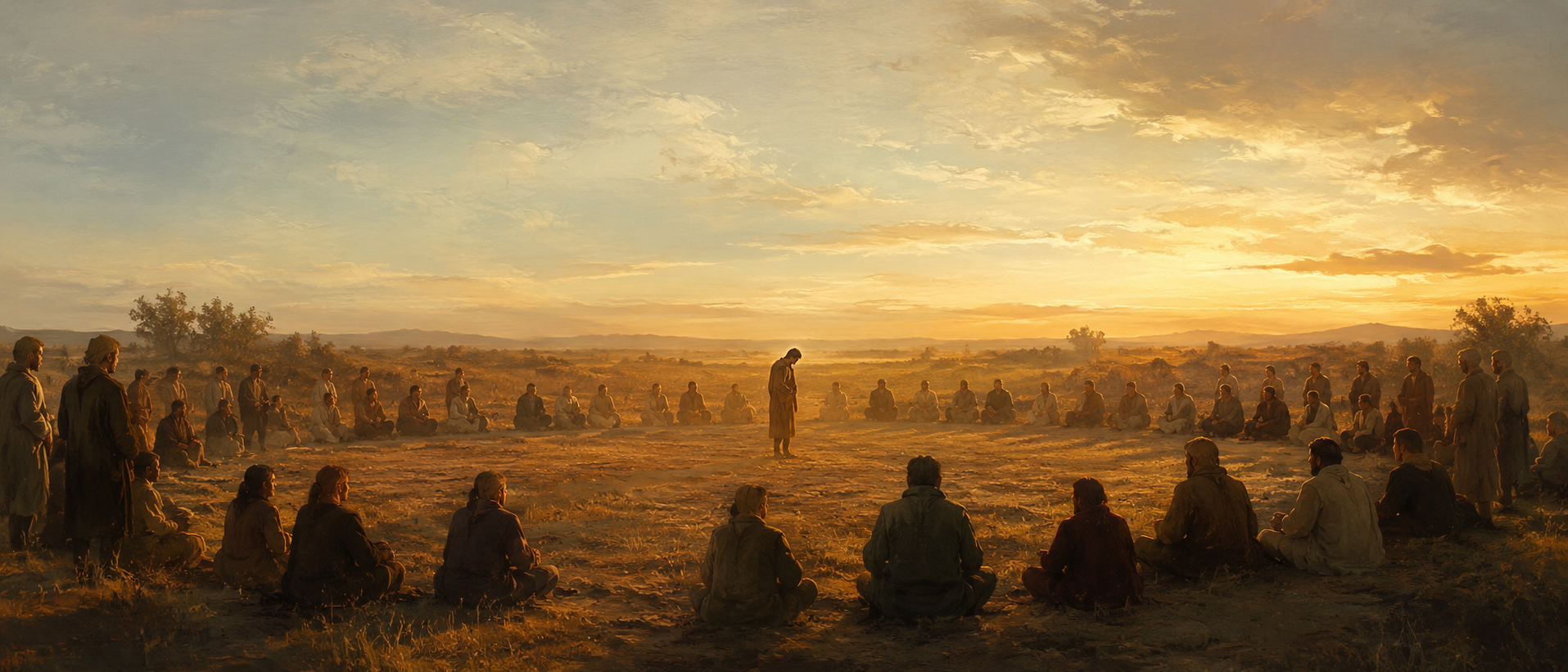 A circle of community gathered around one person at dusk.